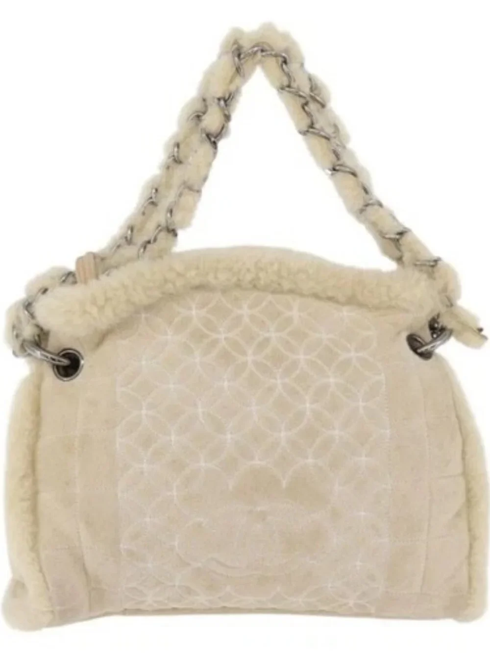 CHANEL Choco Bar Chain Tote Bag Mouton Ivory Silver CC Auth 176557